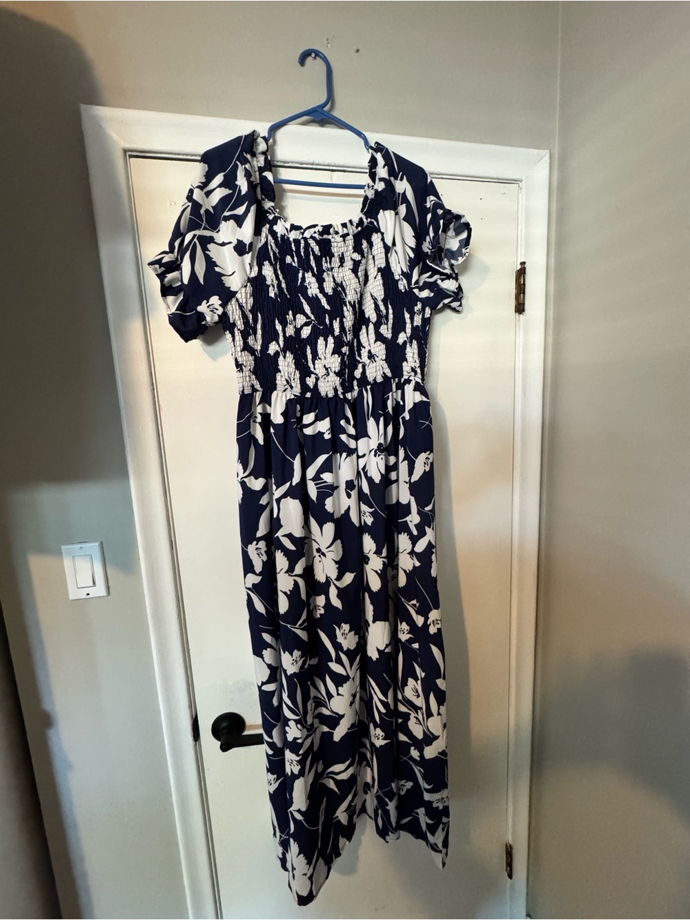 Navy and White Floral Smocked Midi Dress
